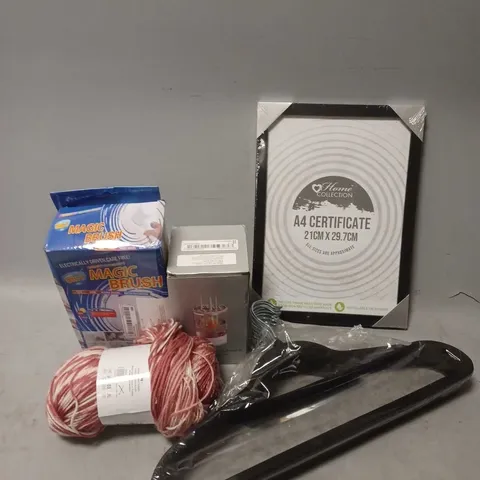 LARGE BOX OF APPROXIMATELY 12 ASSORTED ITEMS TO INCLUDE - PICTURE FRAME - YARN - HANGERS - ETC