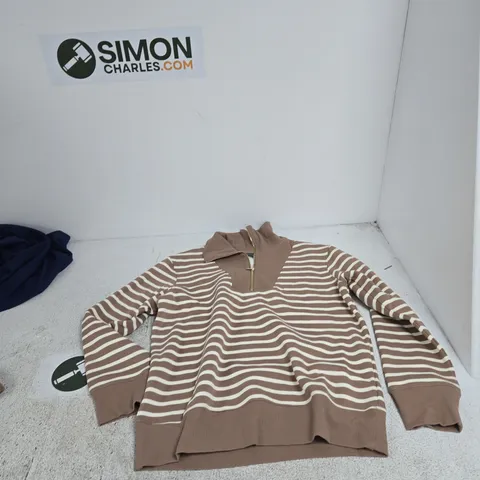 RUTH LANGSFORD STRIPED ZIP-NECK KNIT JUMPER – BROWN & CREAM, UK M