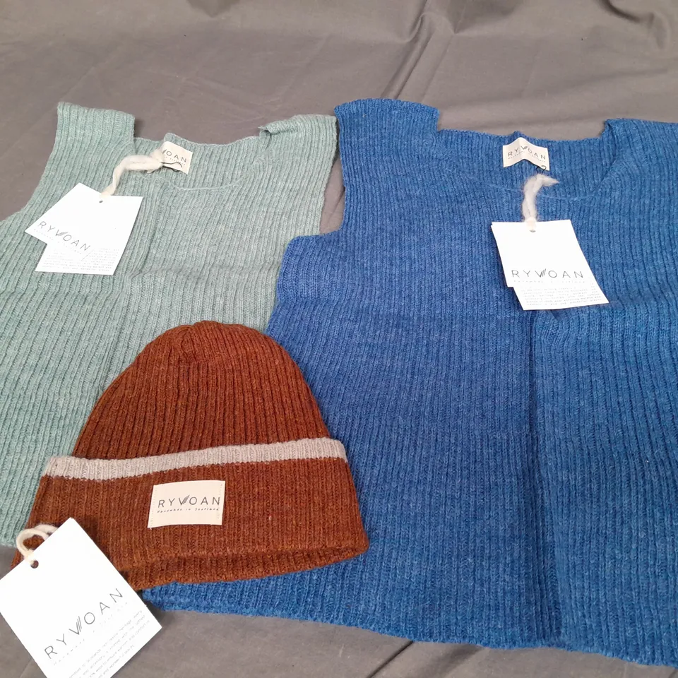 LOT OF 3 RYVOAN HANDMADE IN SCOTLAND CLOTHING ITEMS - VEST S/M + M/L