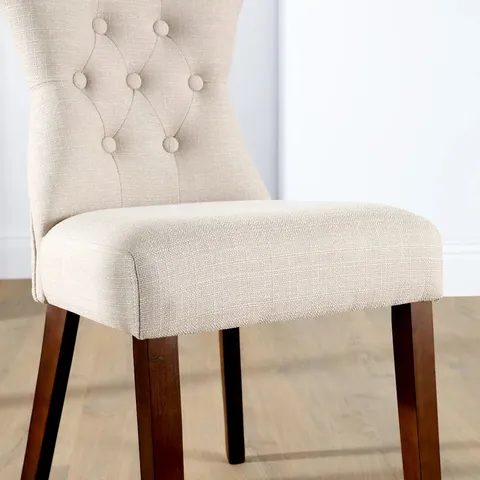 BOXED BEWLEY DINING CHAIR, OATMEAL CLASSIC LINEN-WEAVE FABRIC & DARK SOLID WOOD