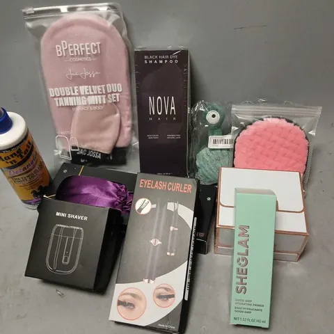 APPROXIMATELY 20 ASSORTED COSMETIC PRODUCTS INCLUDE - BPERFECT DOUBLE VELVET TANNING MITT SET - SHEGLAM HYDRATING PRIMER - NOVA BLACK HAIR DYE SHAMPOO - ETC