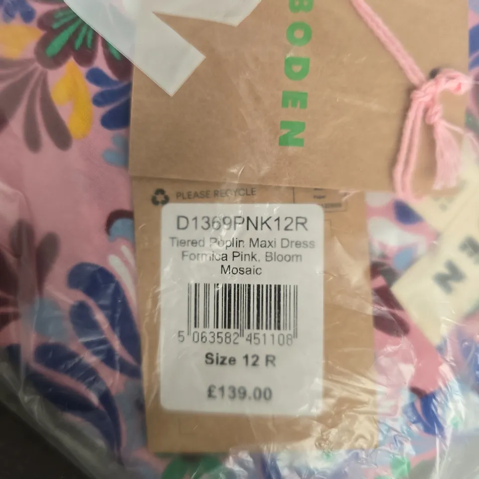 BAGGED BODEN TIERED POPLIN MAXI DRESS – FORMICA PINK, BLOOM MOSAIC, UK 12R