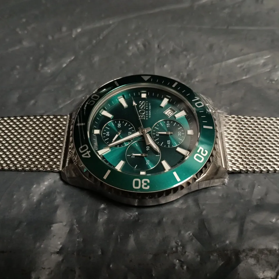 HUGO BOSS GREEN DIAL CHRONOGRAPH STAINLESS STEEL MESH WATCH – BOXED