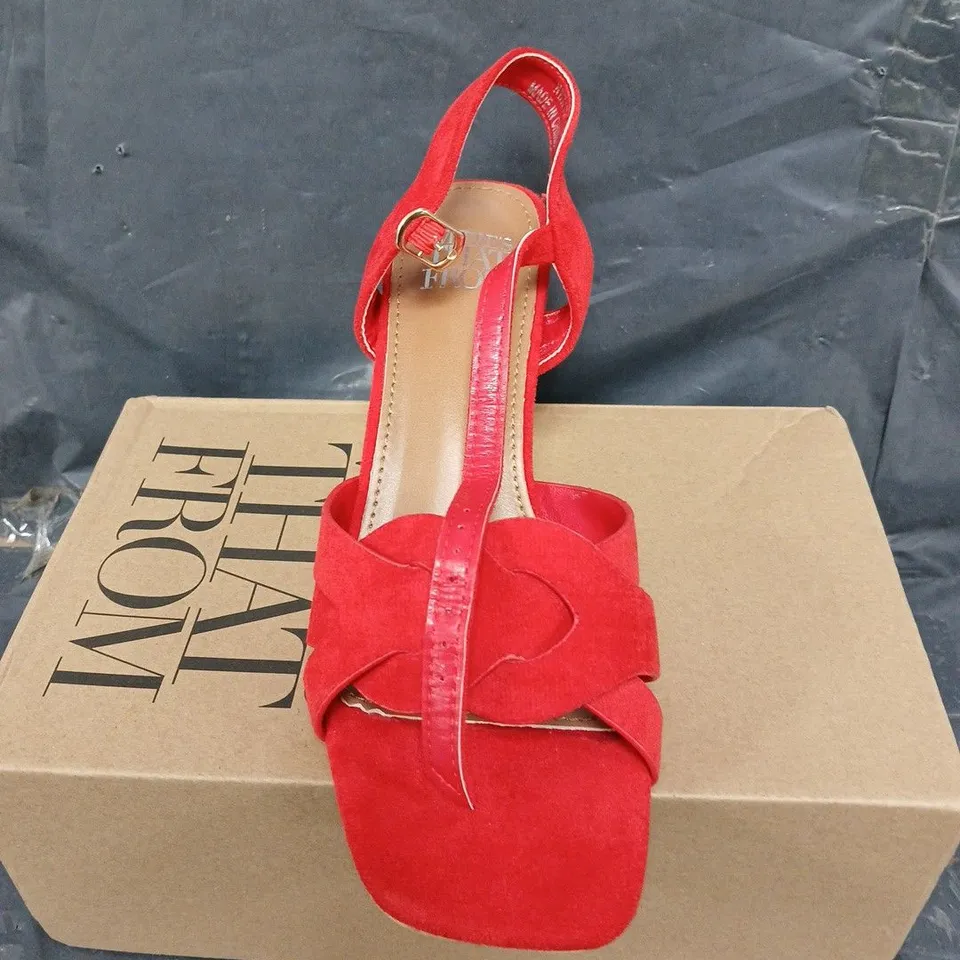BOXED PAIR OF WHERE THEY FROM OPEN TOE SUEDE SHOES IN RED - UK SIZE 4