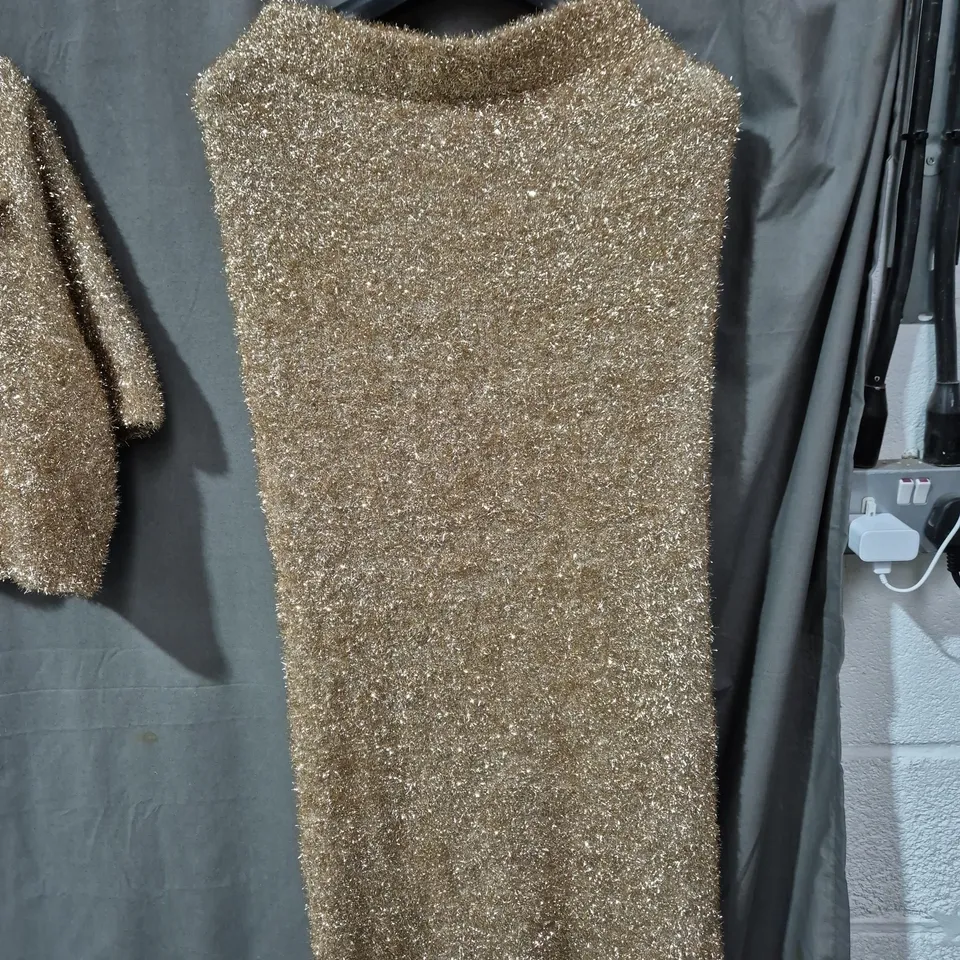River Island Gold Metallic Knit Cropped Jacket – UK L WITH MATCHING SKIRT SIZE UK M