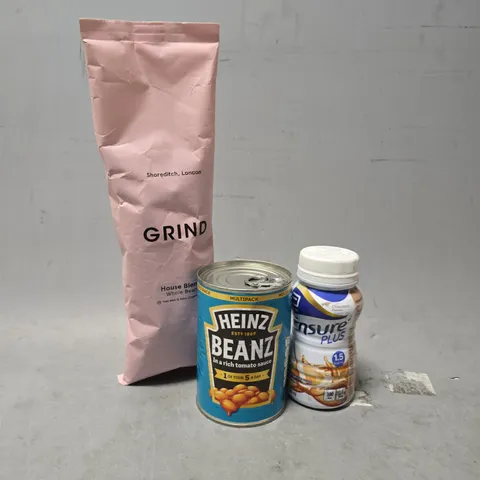 APPROXIMATELY 10 ASSORTED FOOD & DRINK ITEMS TO INCLUDE - HEINZ BEANS , GRIND HOUSE BLEND , ABBOTT ENSURE PLUS