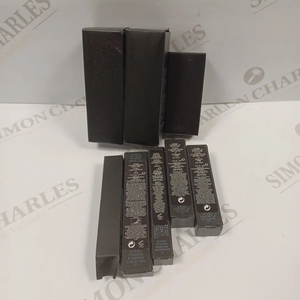 LOT OF 8 ASSORTED SUQQU BEAUTY PRODUCTS TO INCLUDE MASCARA, LIP FLUID GLOW, EYEBROW LIQUID PEN, LIQUID FOUNDATION ETC. 