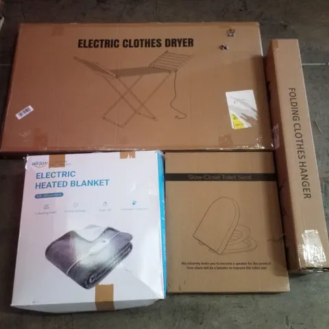 PALLET CONTAINING ASSORTED PRODUCTS INCLUDING ELECTRIC CLOTHES DRYER, FOLDING CLOTHES HANGER, SLOW-CLOSE TOILET SEAT & ELECTRIC HEATED BLANKET