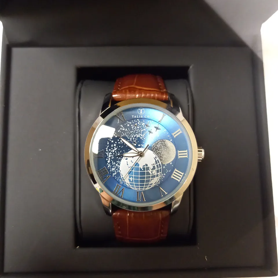 TALIS CO. AUTOMATIC ASTRO GLOBE DETAIL LEATHER STRAP WRISTWATCH RRP £699