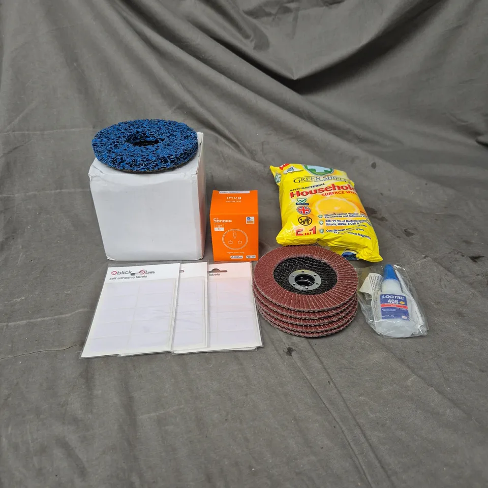 APPROXIMATELY 10 ASSORTED HOUSEHOLD ITEMS TO INCLUDE - SONOFF SMART PLUG - GREEN SHIELD HOUSEHOLD SURFACE WIPES - LOOTIE INSTANT ADHESIVE - ETC