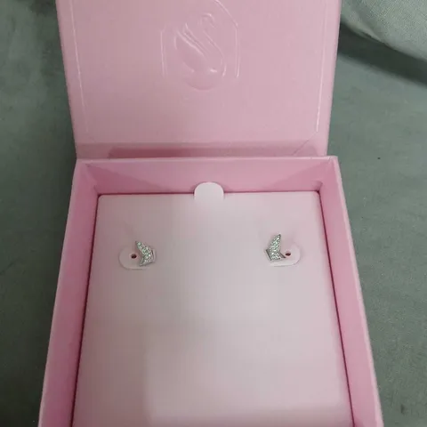 SWAROVSKI SILVER-TONE LEAF-SHAPED STUD EARRINGS WITH CLEAR STONES – BOXED