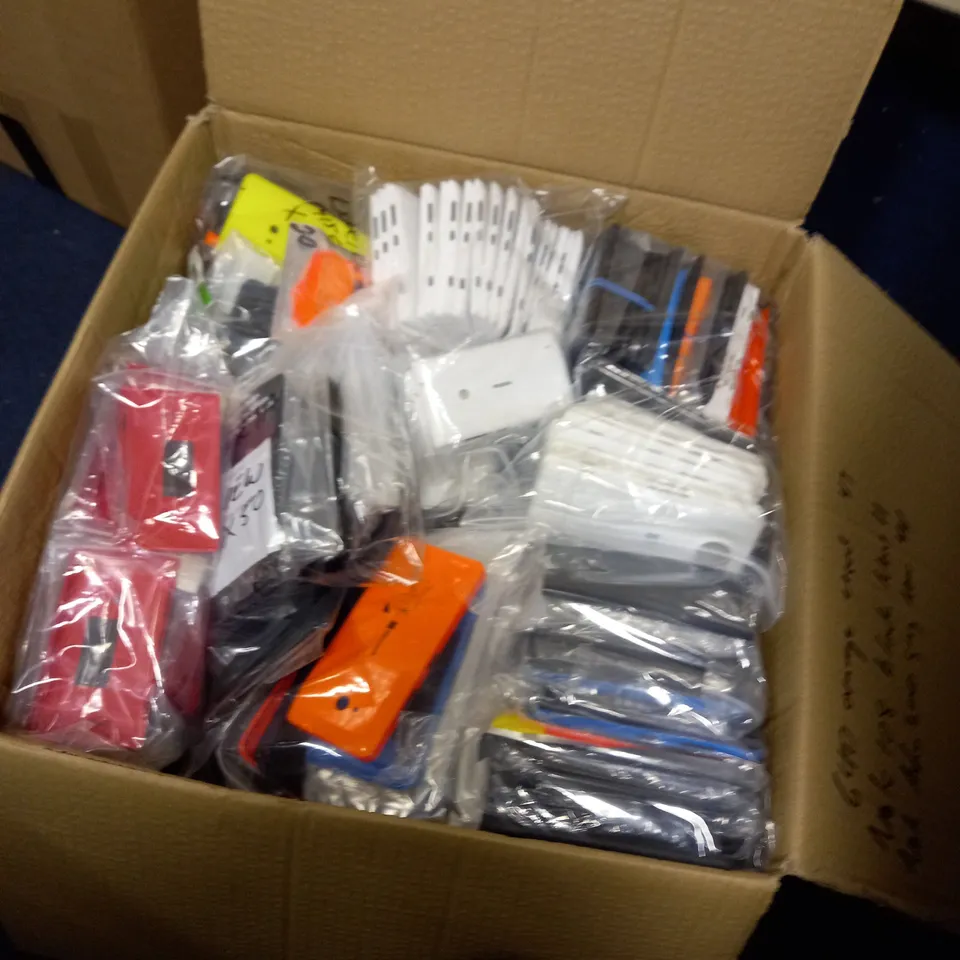 BOX OF ASSORTED PHONE CASES FOR NOKIA, SONY, SAMSUNG TO INCLUDE WHITE, BLUE, BLACK, REDE, ORANGE ETC 