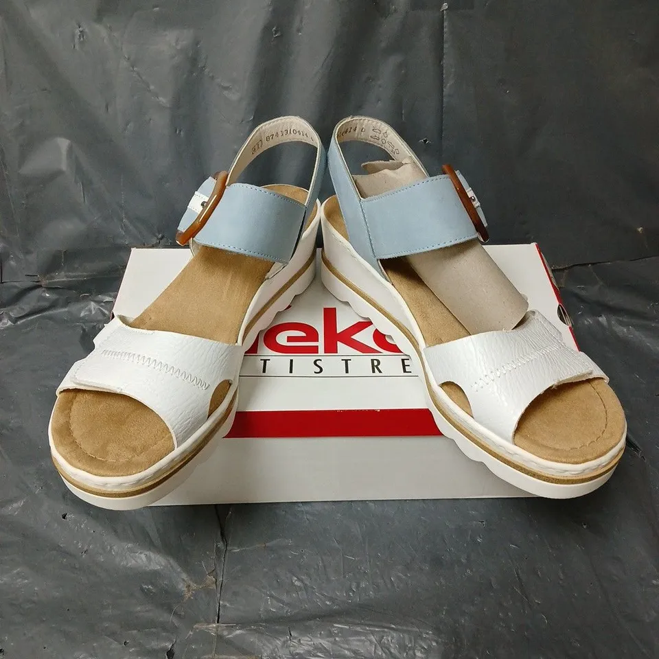 BOXED PAIR OF RIEKER ANTISTRESS WEDGE SANDALS IN BLUE/WHITE SIZE EU 41