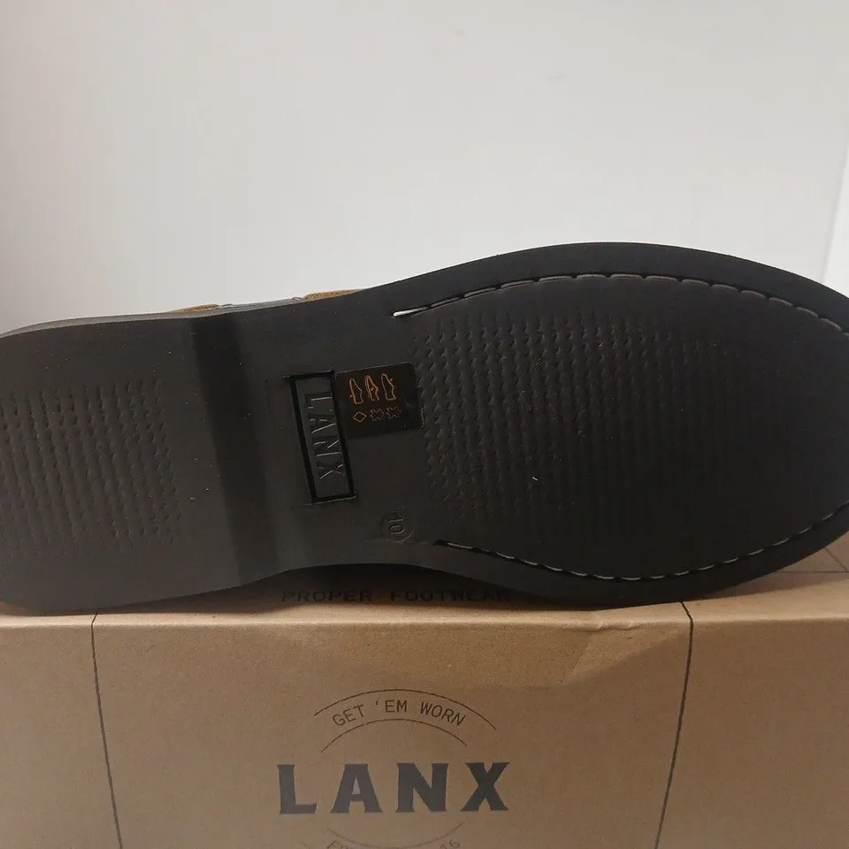 BOXED PAIR OF LANX MEN'S BROWN LEATHER BOAT SHOES, UK 8