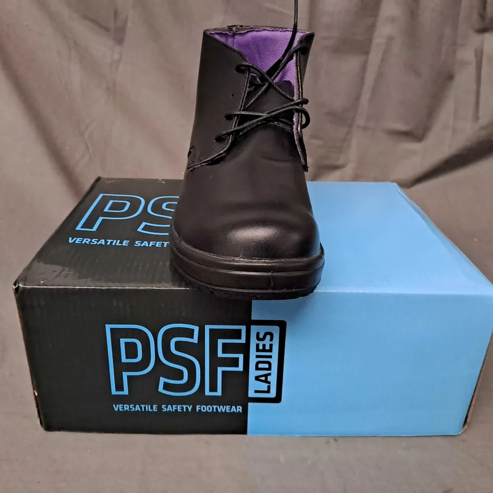 BOX OF APPROXIMATELY 8 BOXED PAIRS OF PSF LADIES SAFETY BOOTS IN BLACK SIZE 4