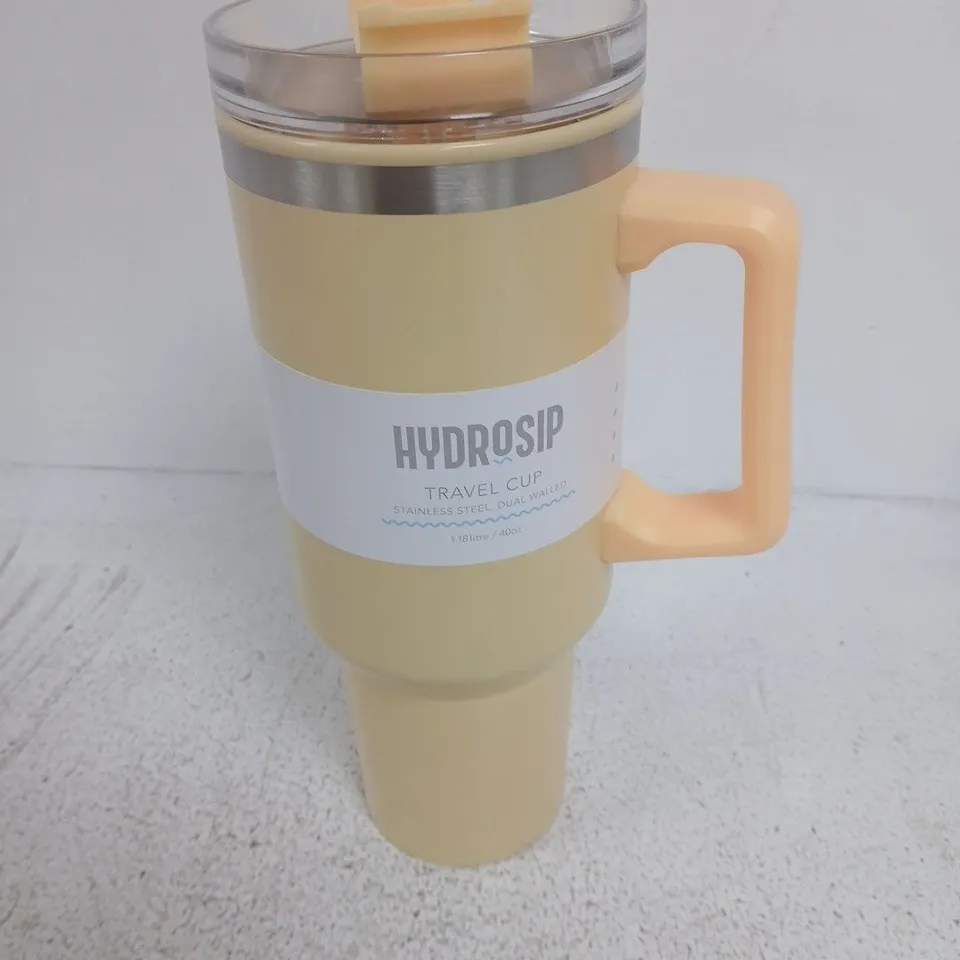 HYDROSIP TRAVEL CUP – STAINLESS STEEL, DOUBLE-WALLED, 1.18L (40OZ) – BEIGE WITH PEACH HANDLE