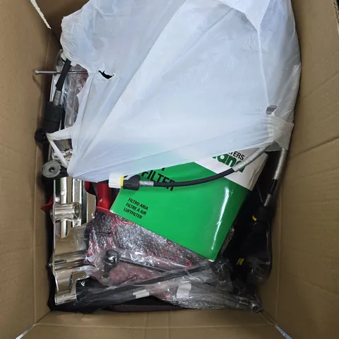 BOX OF ASSORTED CAR ITEMS TO INCLUDE TOOLS - SEAT COVERS - FLOOR MATS - AIR FILTERS / COLLECTION ONLY 