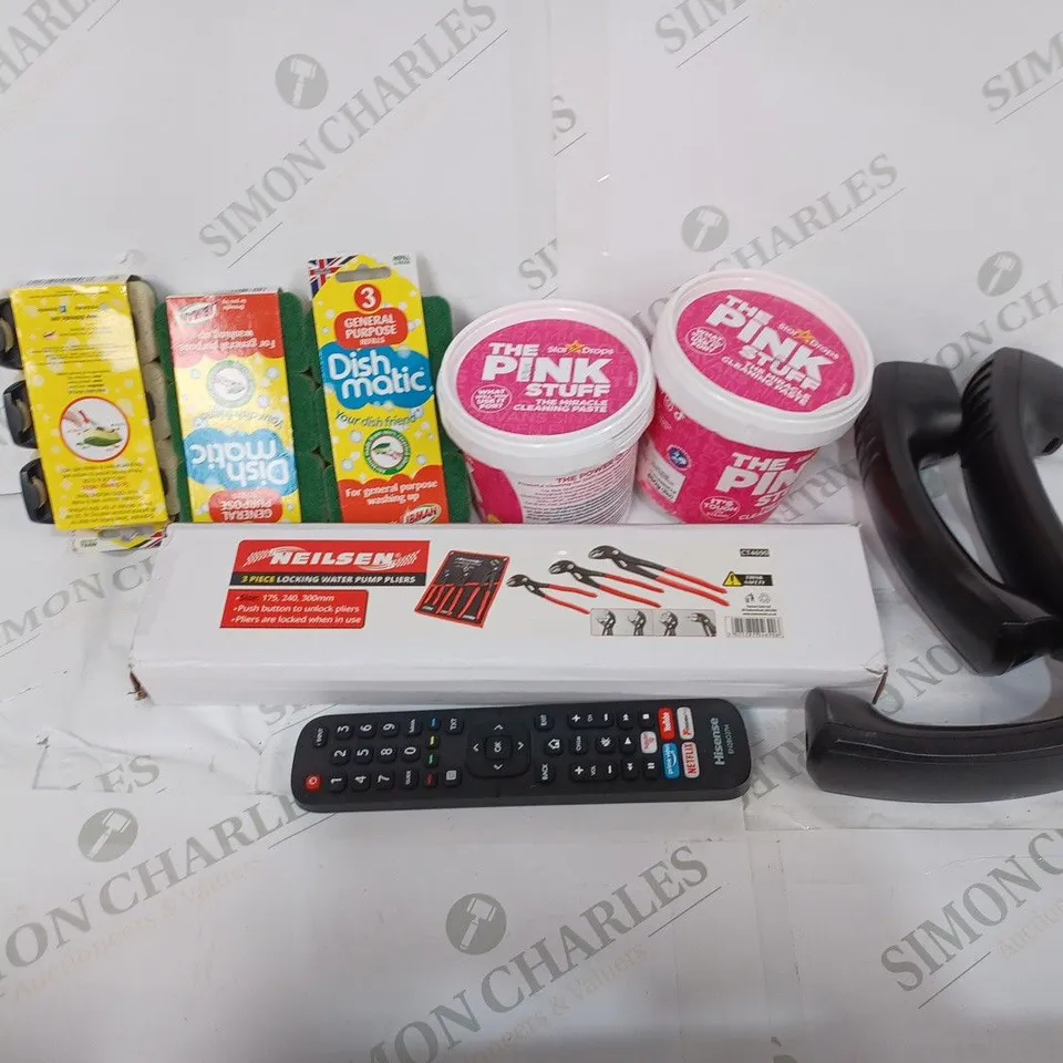 BOX TO CONTAIN APPROX. 20 X ASSORTED HOUSEHOLD PRODUCTS, INCLUDES REMOTE, PINK CLEANING PASTE, PHONE PARTS ETC 