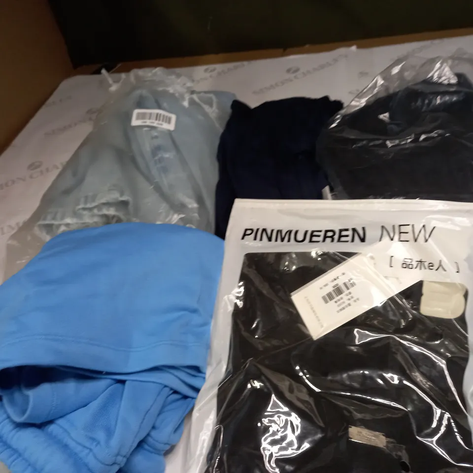 BOX OF ASSORTED CLOTHING ITEMS TOO INCLUDE JUMPERS, SHIRTS AND TROUSERS IN VARIOUS SIZES AND COLOURS   