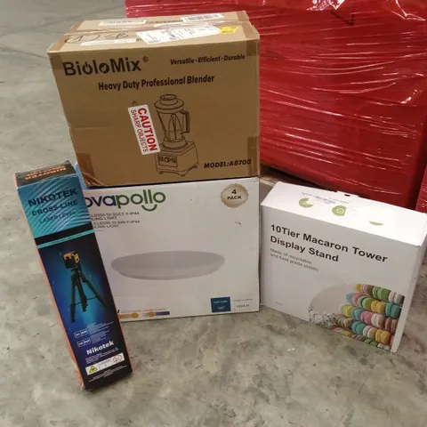 PALLET OF ASSORTED HOUSEHOLD GOODS AND PRODUCTS TO INCLUDE; BLENDER, DISPLAY STAND, CEILING LIGHT, LASER LEVEL ETC