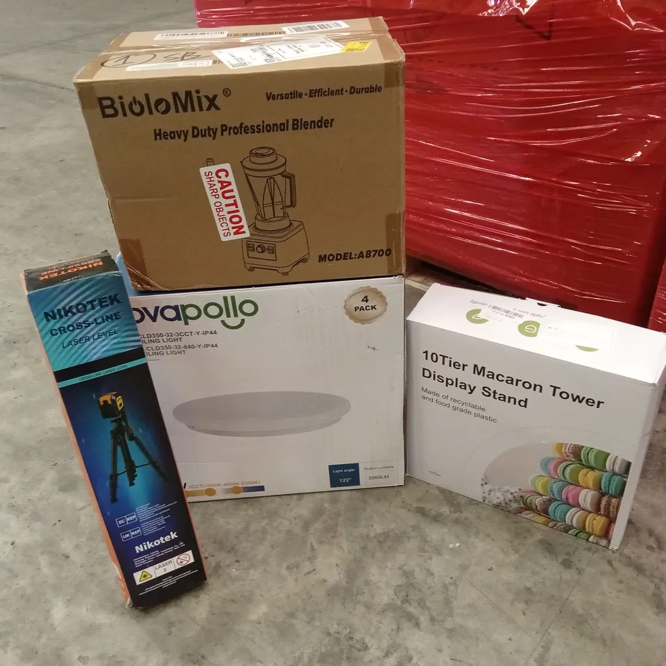 PALLET OF ASSORTED HOUSEHOLD GOODS AND PRODUCTS TO INCLUDE; BLENDER, DISPLAY STAND, CEILING LIGHT, LASER LEVEL ETC
