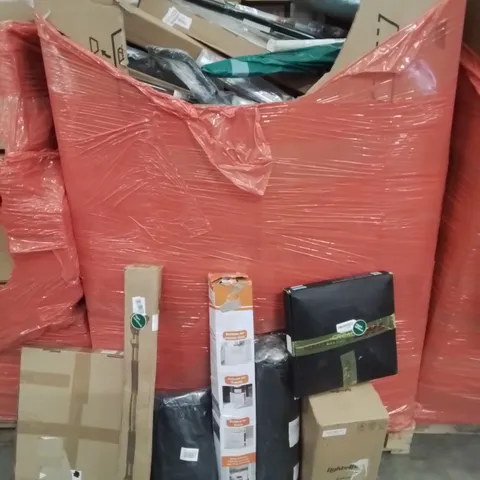 PALLET CONTAINING VARIOUS ASSORTED BOXED HOUSEHOLD ITEMS TO INCLUDE: ACROSS SUPPORT POLES HEDGE CLIPPERS, LIGHTS  AND LOTS MORE UNMARKED BOXED ITEMS 