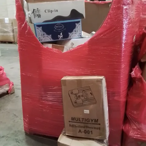 PALLET CONTAINING VARIOUS ASSORTED BOXED HOUSEHOLD ITEMS TO INCLUDE: KIDS PUSHBIKE, MULTIGYM, KIDS PLAYPEN AND LOTS MORE UNMARKED BOXED ITEMS