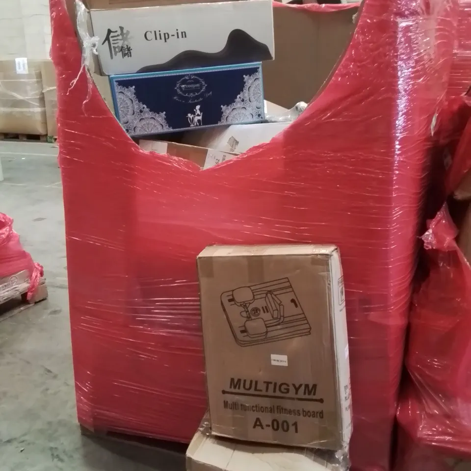 PALLET CONTAINING VARIOUS ASSORTED BOXED HOUSEHOLD ITEMS TO INCLUDE: KIDS PUSHBIKE, MULTIGYM, KIDS PLAYPEN AND LOTS MORE UNMARKED BOXED ITEMS 