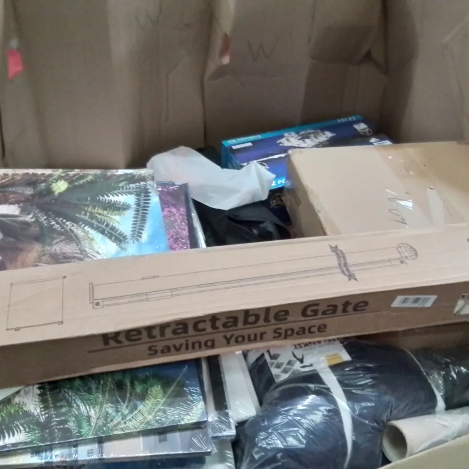 PALLET CONTAINING ASSORTED ITEMS TO INCLUDE: AIR FRYER, BAGGED VACUUM CLEANER, ELECTRIC PIZZA OVEN, BABY GYMS, LAPTOP DESK, RETRACTABLE SAFETY GATE ECT