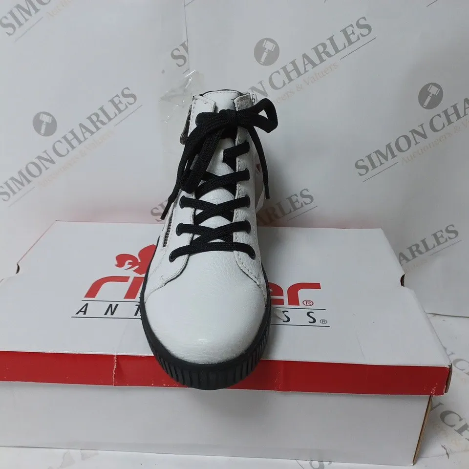 BOXED PAIR OF RIEKER HIGH TOP CUFFED TRAINERS WHITE SIZE 6