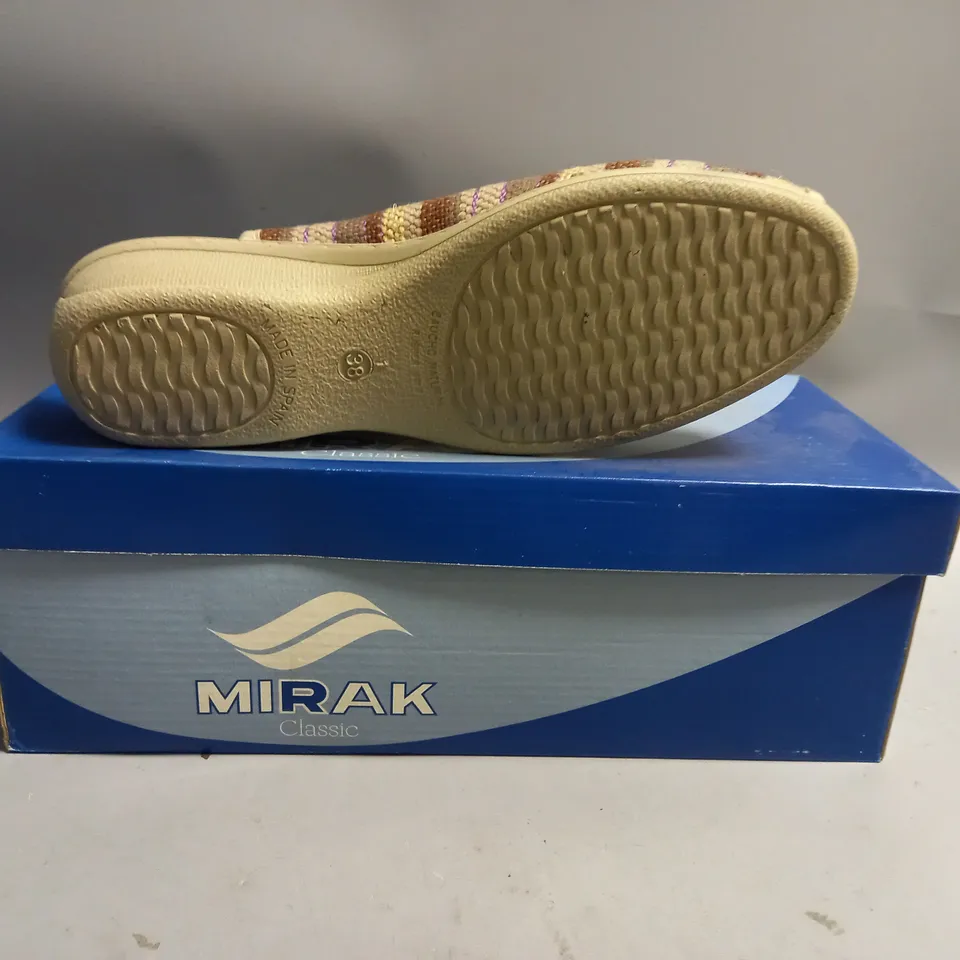 BOXED MIRAK LADIES BROWN STRIPED SLINGBACK SANDALS. SIZE EU 38