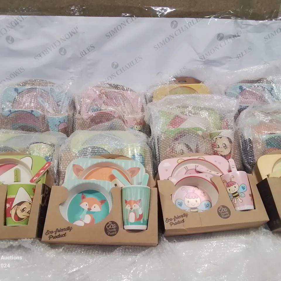 12 SETS OF CHILDREN'S ECO FRIENDLY PLATE, BOWL, CUP AND CUTLERY SETS.