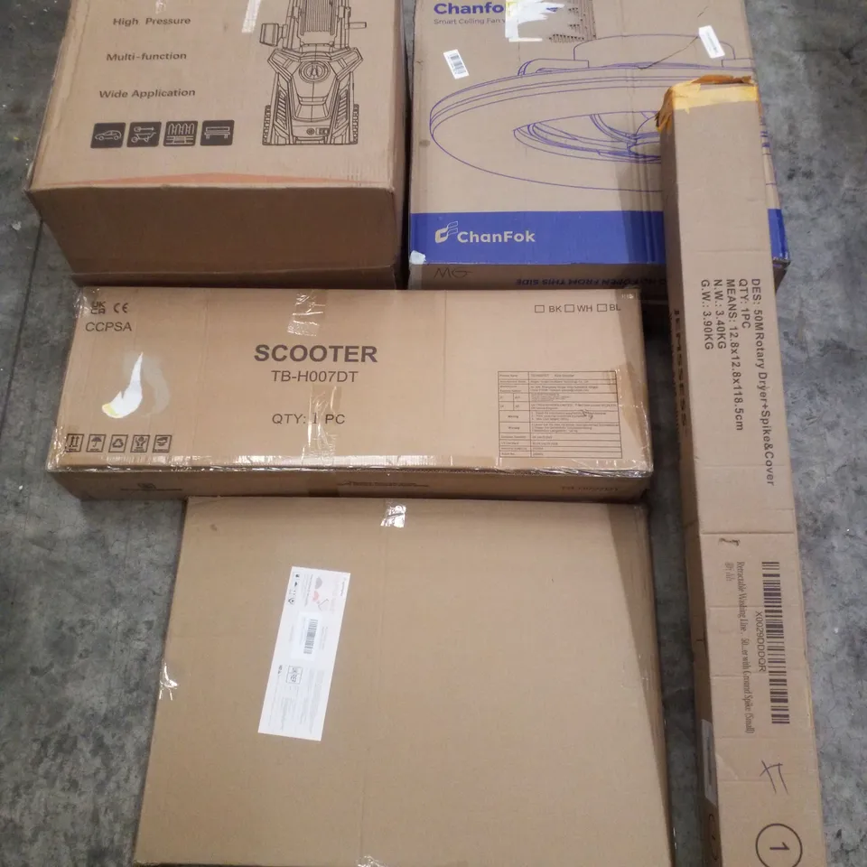 PALLET CONTAINING ASSORTED PRODUCTS INCLUDING HIGH PRESSURE WASHER, SCOOTER, PICTURE FRAME, 50M ROTARY DRYER & SMART CEILING FAN