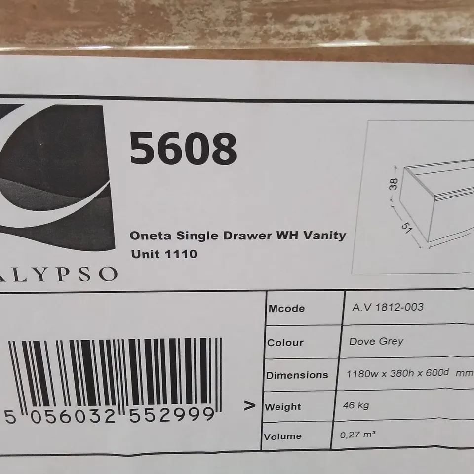 BOXED AS NEW CALYPSO ONETA SINGLE DRAWER WH VANITY UNIT IN DOVE GREY - 1180X380X600MM