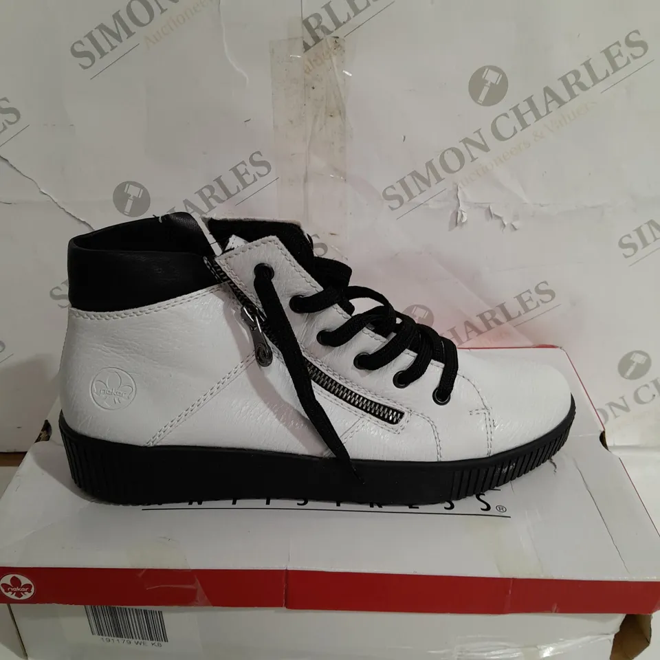 BOXED PAIR OF RIEKER HIGH TOP CUFFED TRAINERS WHITE SIZE 8