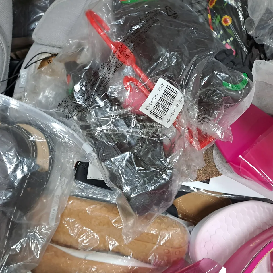 BOX OF APPROXIMATELY 15 ASSORTED PAIRS OF SHOES AND FOOTWEAR ITEMS IN VARIOUS COLOURS, STYLES, AND SIZES - COLLECTION ONLY