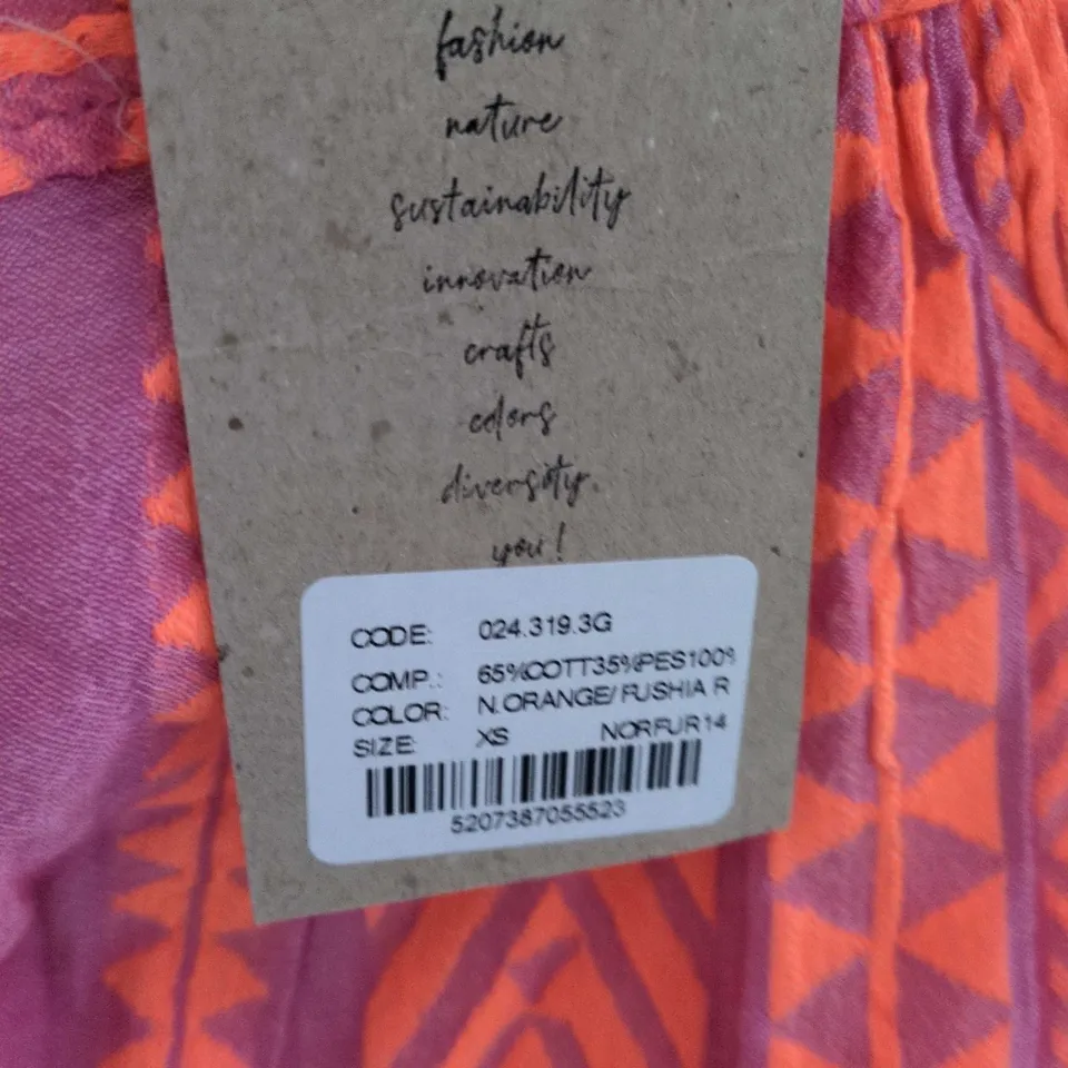 DEVOTION TWINS DRESS – ORANGE & FUCHSIA GEOMETRIC PRINT, UK 6 (XS)