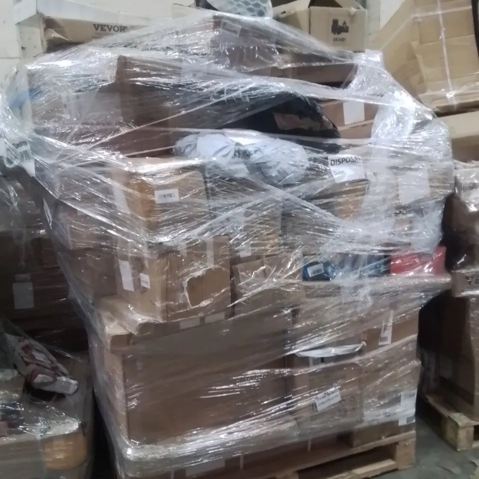 PALLET OF ASSORTED HOUSEHOLD GOODS AND PRODUCTS TO INCLUDE;HOOVER,TOOL SHELF,KITCHEN FAUCET