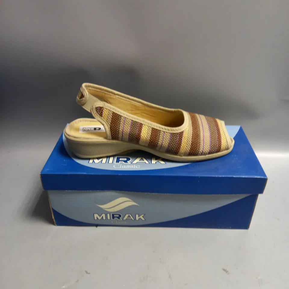 BOXED MIRAK LADIES BROWN STRIPED SLINGBACK SANDALS. SIZE EU 38