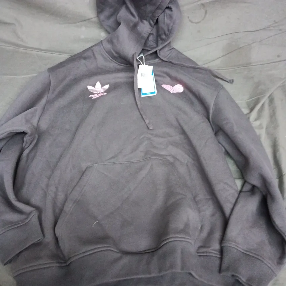 ADIDAS HOODIE – GREY WITH PINK HEART BACK PRINT - SMALL