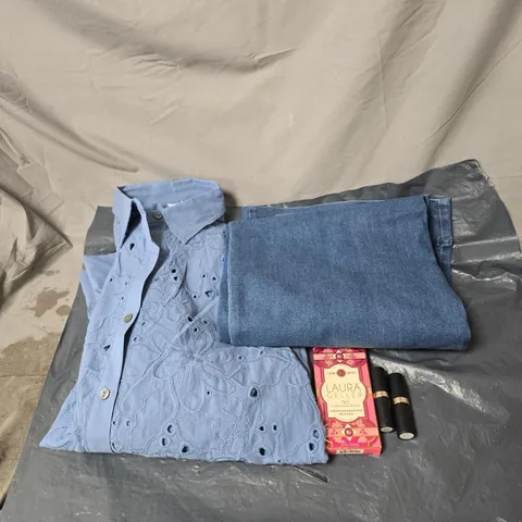 BOX OF APPROXIMATELY 20 ASSORTED HOUSEHOLD ITEMS TO INCLUDE LIPSTICK, JEANS, BLUE SHIRT, EYELINER TRACER ETC