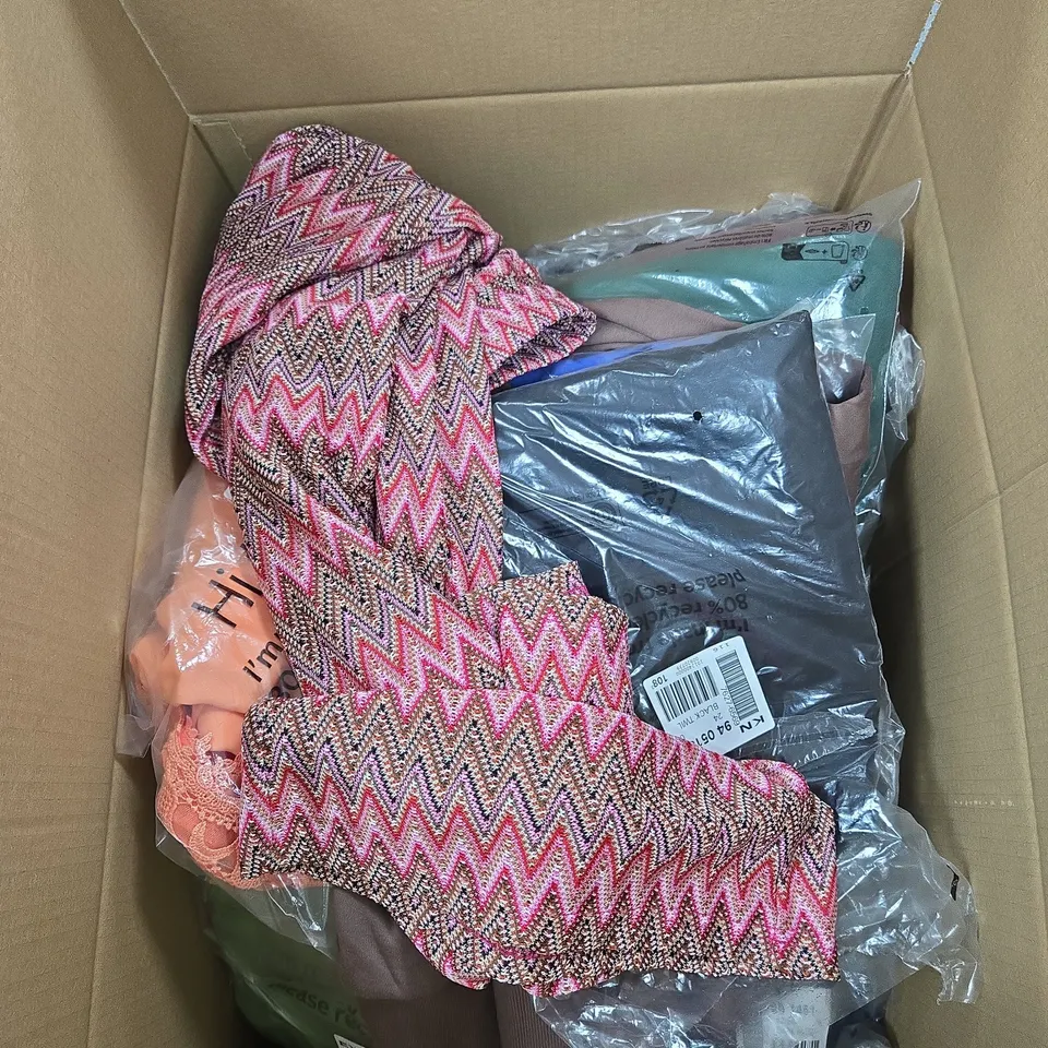 BOX OF APPROXIMATELY 22 ASSORTED CLOTHING ITEMS OF VARIOUS STYLES AND SIZES TO INCLUDE BLACK TROUSERS, CLAY BROWN ZIP UP TOP ETC