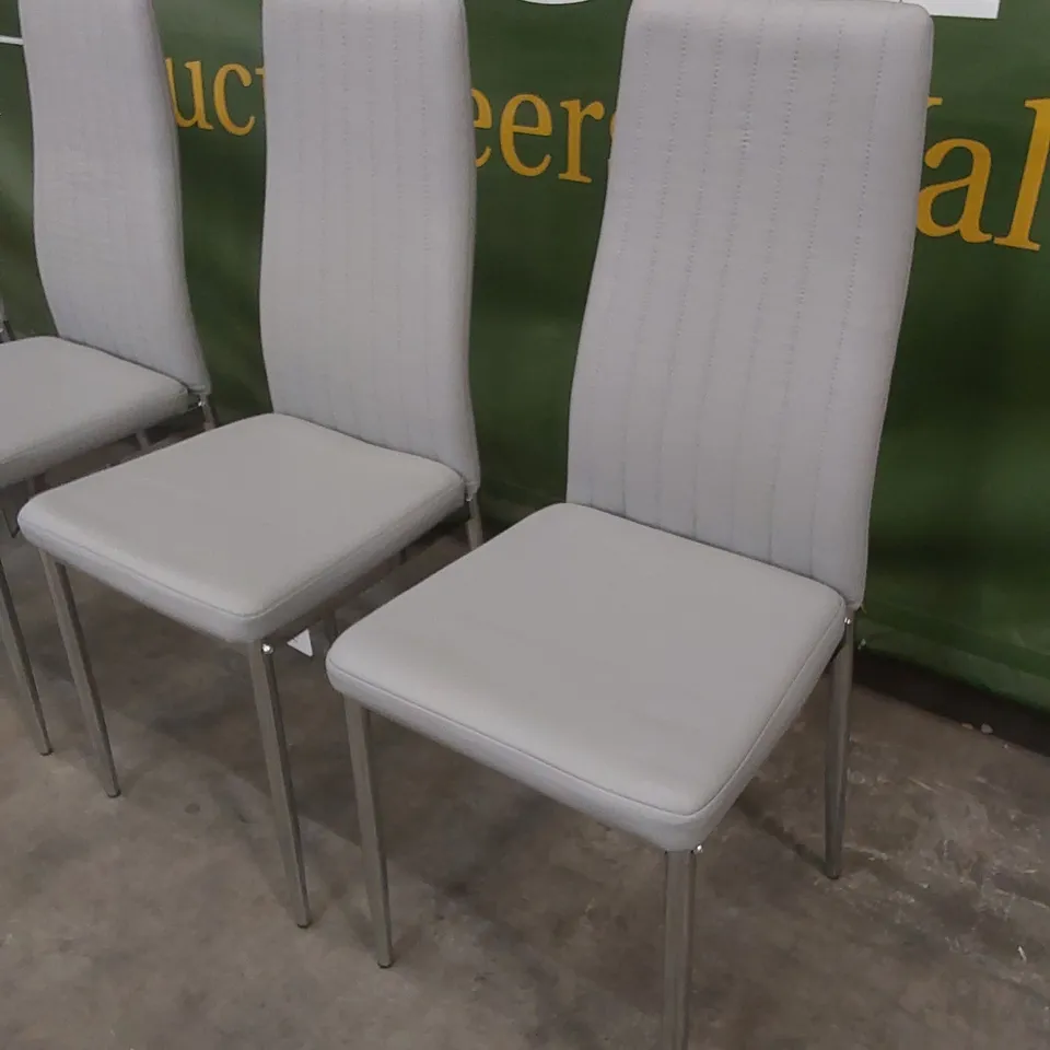 SET OF 4 LEON LIGHT GREY LEATHER DINING CHAIRS WITH CHROME LEGS 