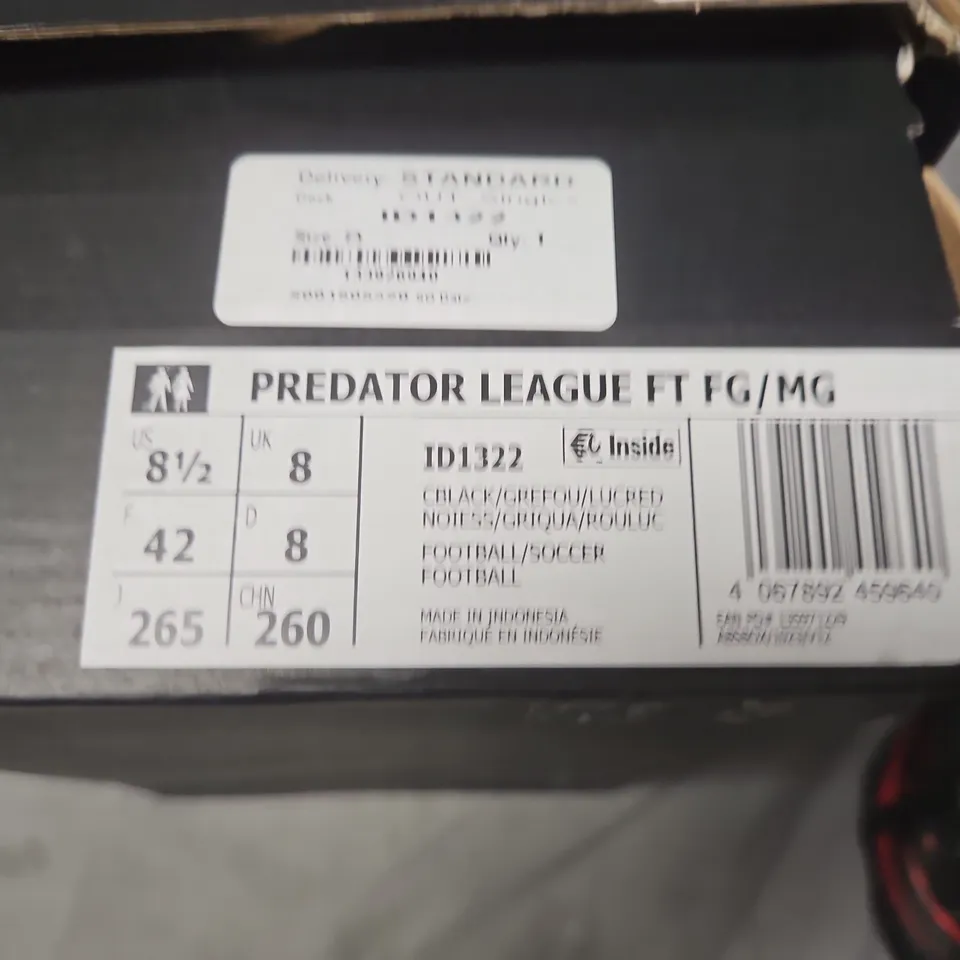 BOXED ADIDAS PREDATOR LEAGUE FG/MG FOOTBALL BOOTS – BLACK/RED, UK 8 (EU 42, US 8.5)
