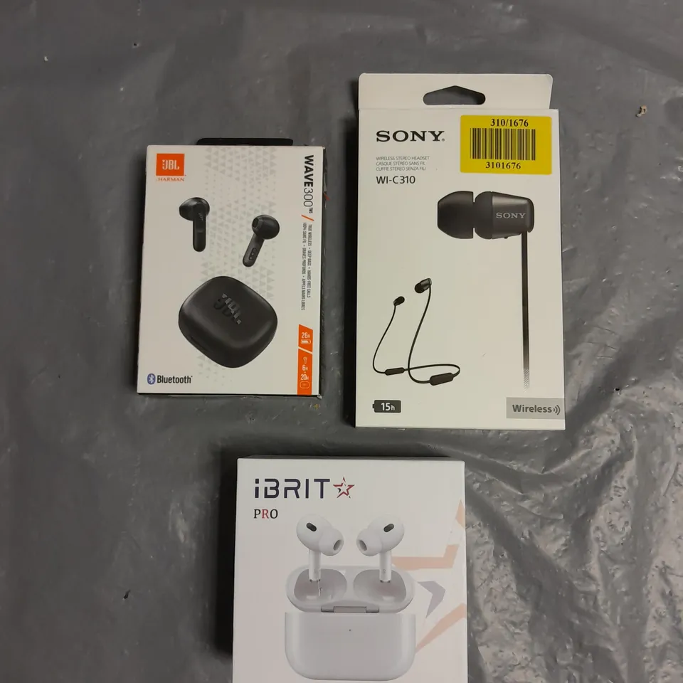 LOT OF 3 WIRELESS HEADSETS TO INCLUDE JBL WAVE3OO TRUE WIRELESS EARBUDS, SONY WI-C310 WIRELESS STEREO HEADSET AND IBRIT PRO WIRELESS EARBUDS