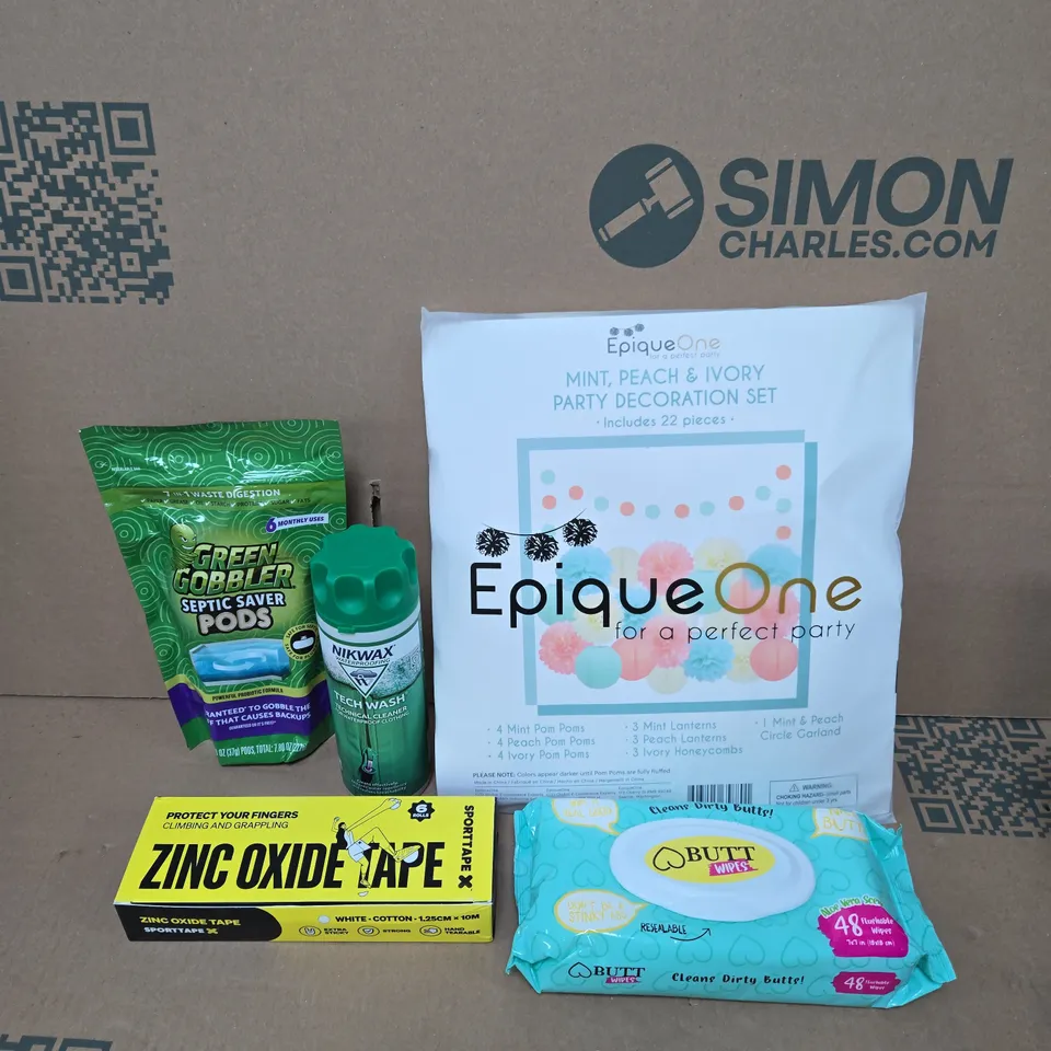 APPROXIMATELY 15 ASSORTED HOUSEHOLD ITEMS TO INCLUDE GREEN GOBBLER SEPTIC SAVER PODS, NIKWAX TECH WASH AND ZINC OXIDE TAPE