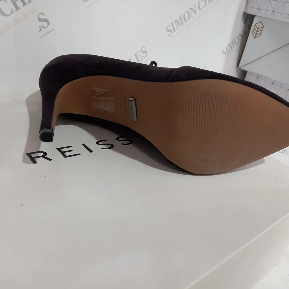 BOXED REISS SUEDE CHOCOLATE BOOT HEELS - SIZE 5