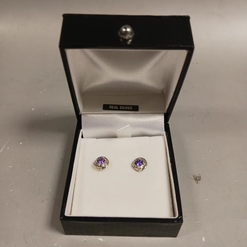 SILVER PURPLE STONE STUD EARRINGS 