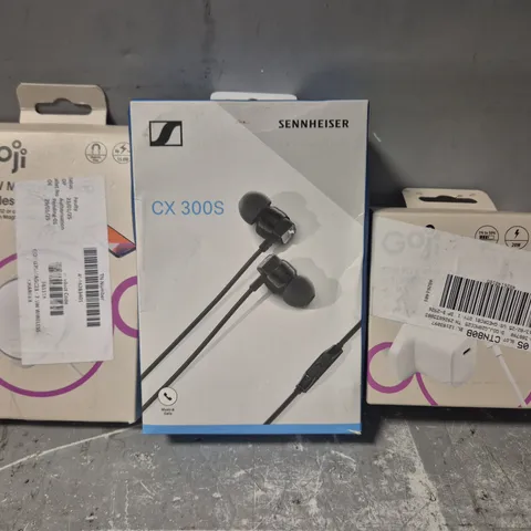 BOX OF APPROXIMATELY 15 ASSORTED ELECTRICAL ITEMS TO INCLUDE SENNHEISER CX 300S EARPHONES, GOJI WIRELESS CHARGER, VARIOUS CABLES, ETC