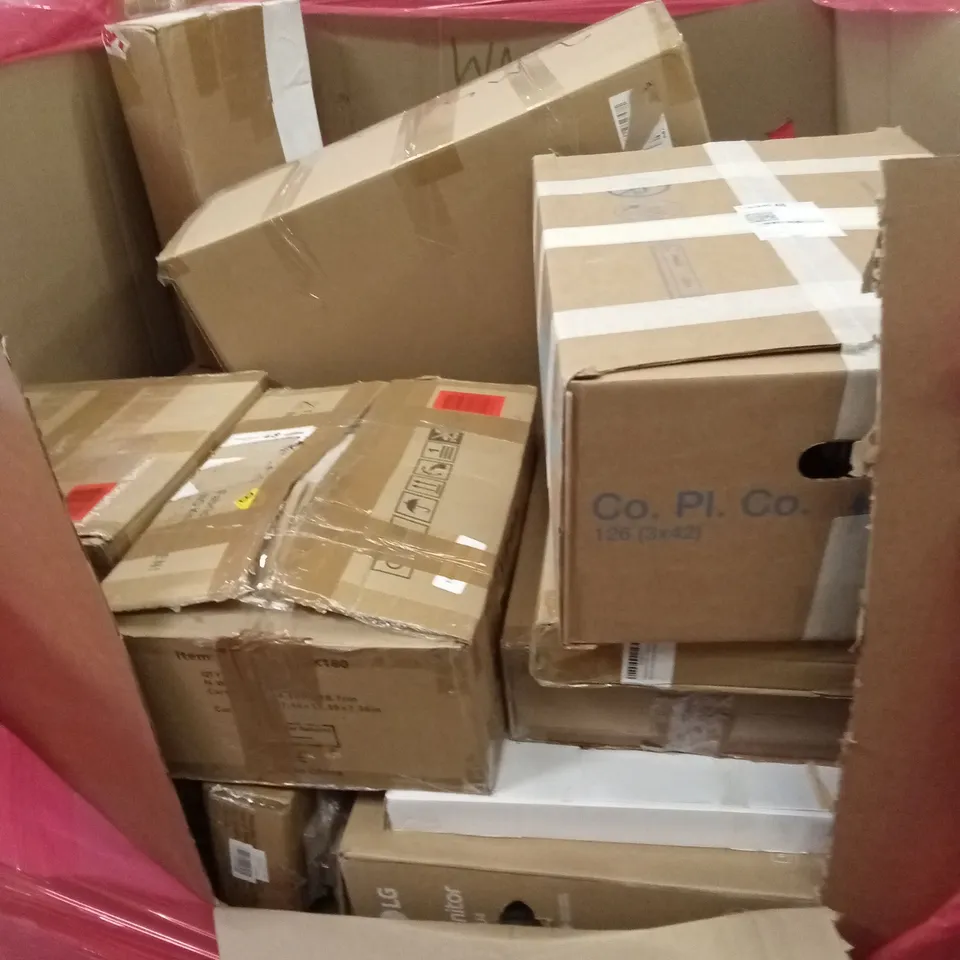 PALLET OF ASSORTED HOUSEHOLD GOODS AND PRODUCTS TO INCLUDE; I-SIZE CAR BOOSTER SEAT, COOLER FAN, BOXED FURNITURE ETC 